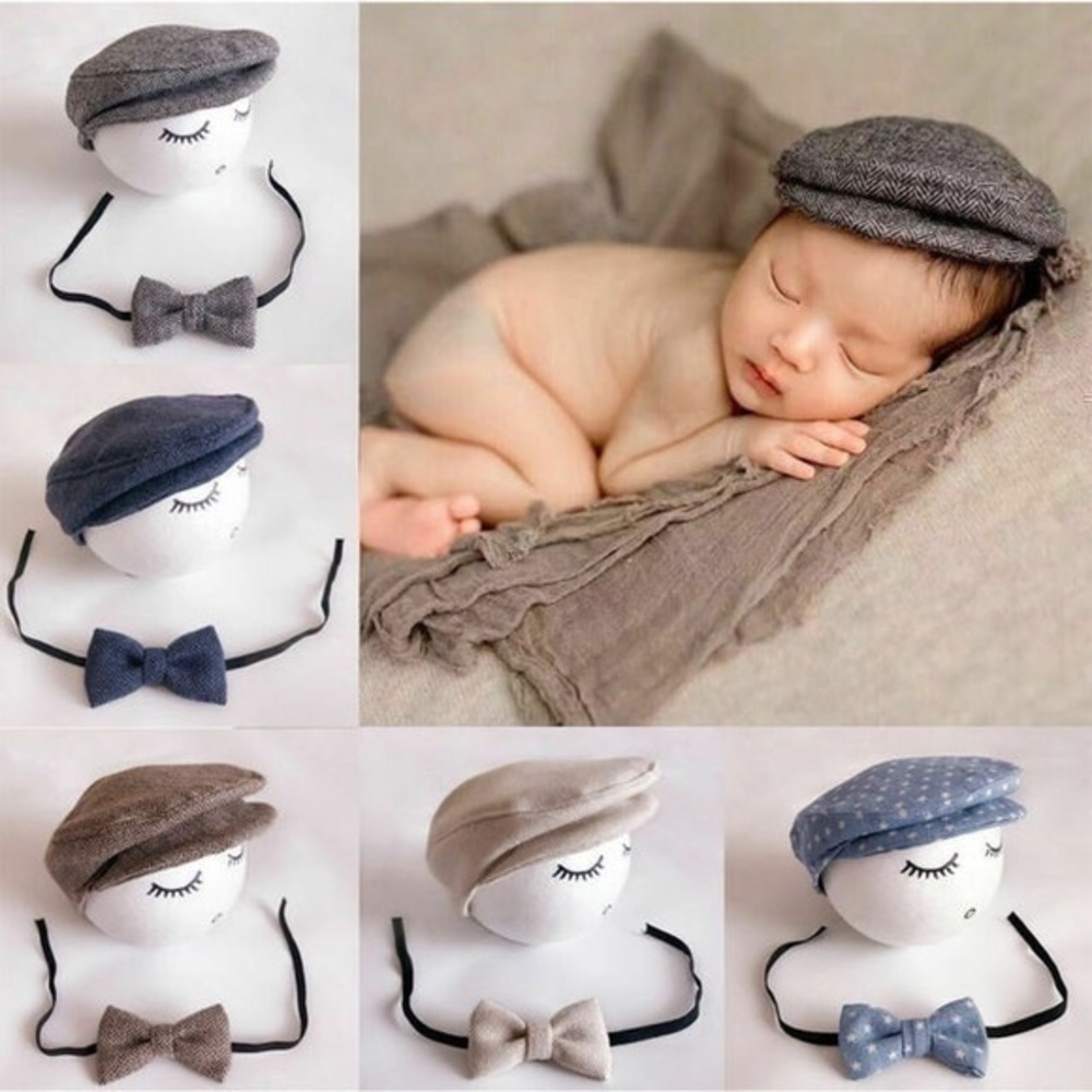 Black/grey newborn cap and bow tie. - Picture 2 of 3